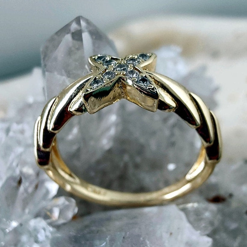 Gold Filled CZ Leaf Crossover Ring Size 6.5