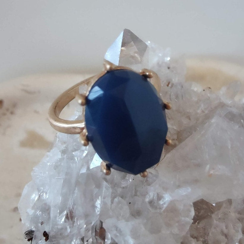 Gold Tone Blue Acrylic Statement Ring Size 9